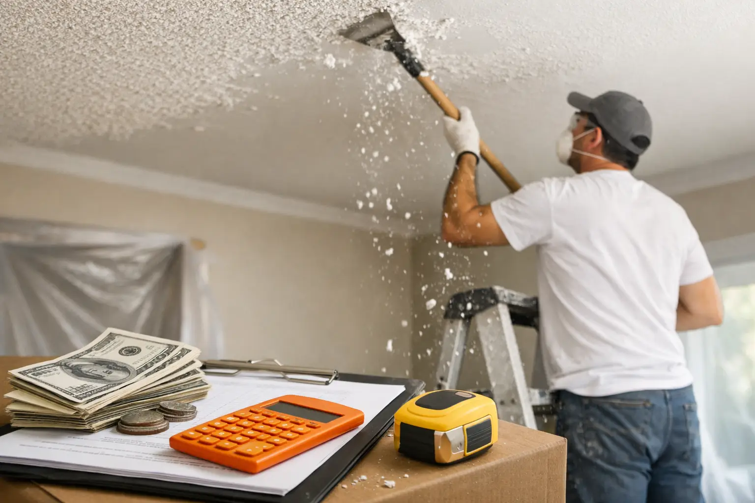 Worker removing ceiling texture, tools in foreground.