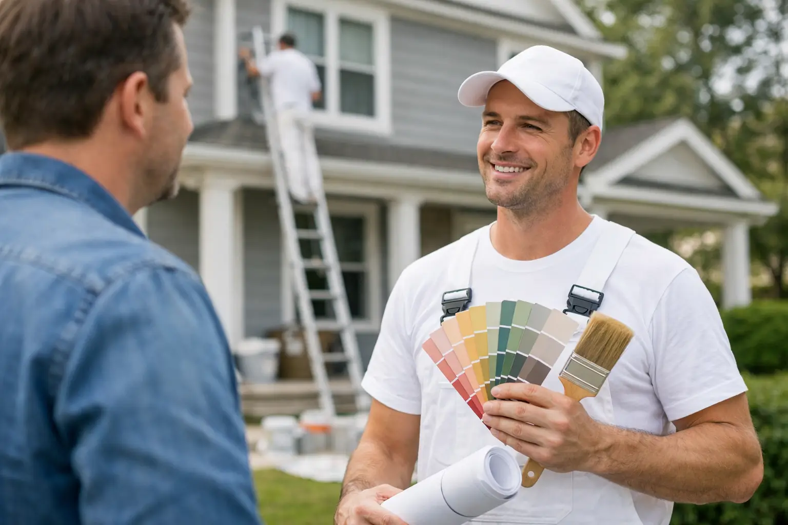Painter discussing color options with homeowner outside.