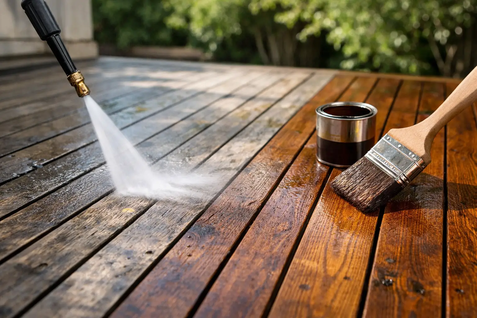 Cleaning and staining a wooden deck.