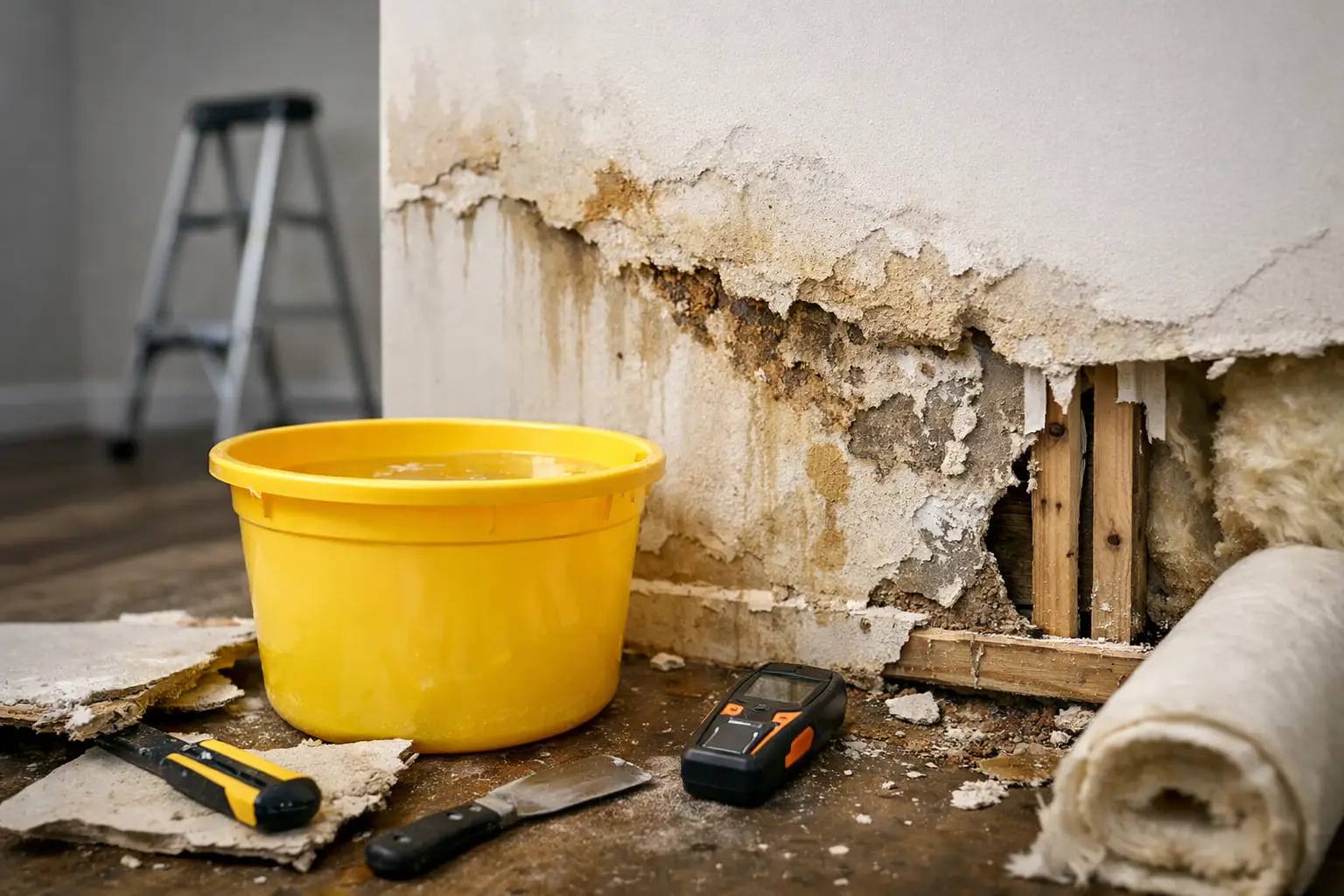 Water damage repair with tools and bucket.
