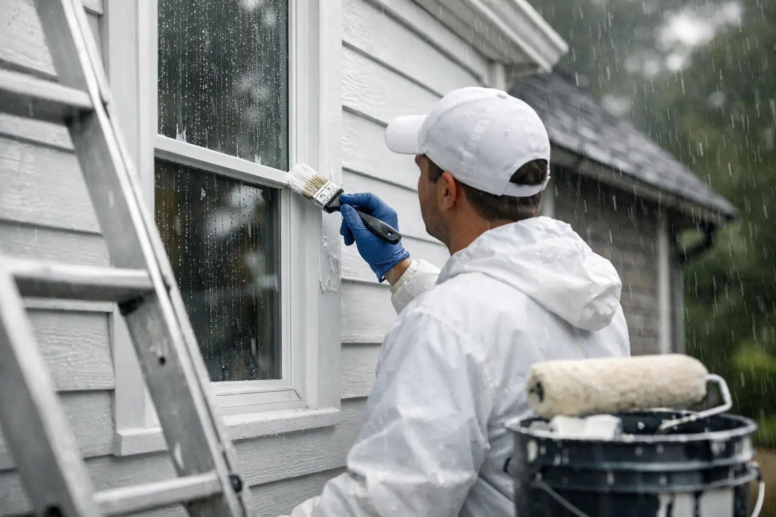 Painter working on house exterior in rain.