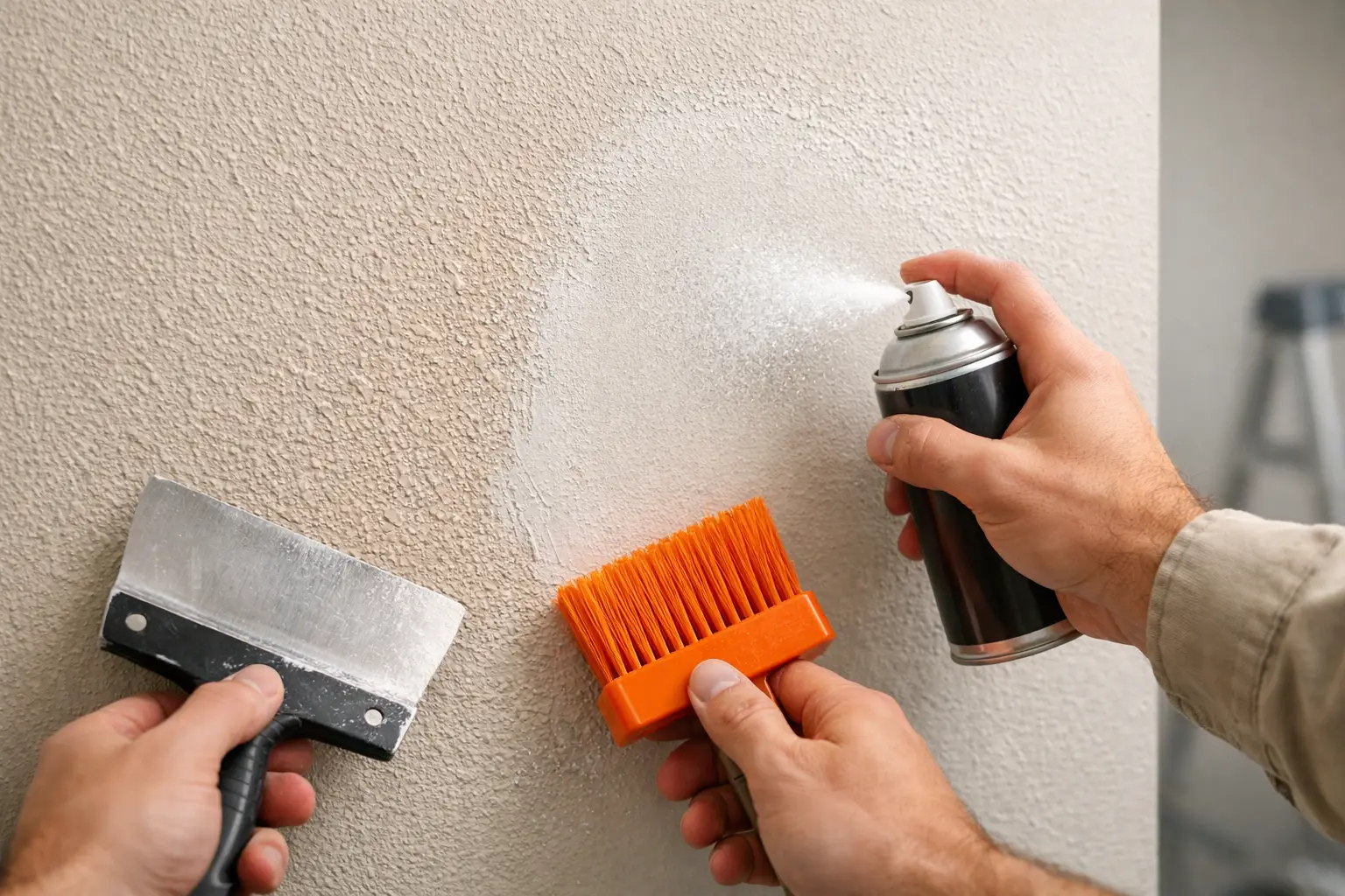 Painting and texturing wall with tools.