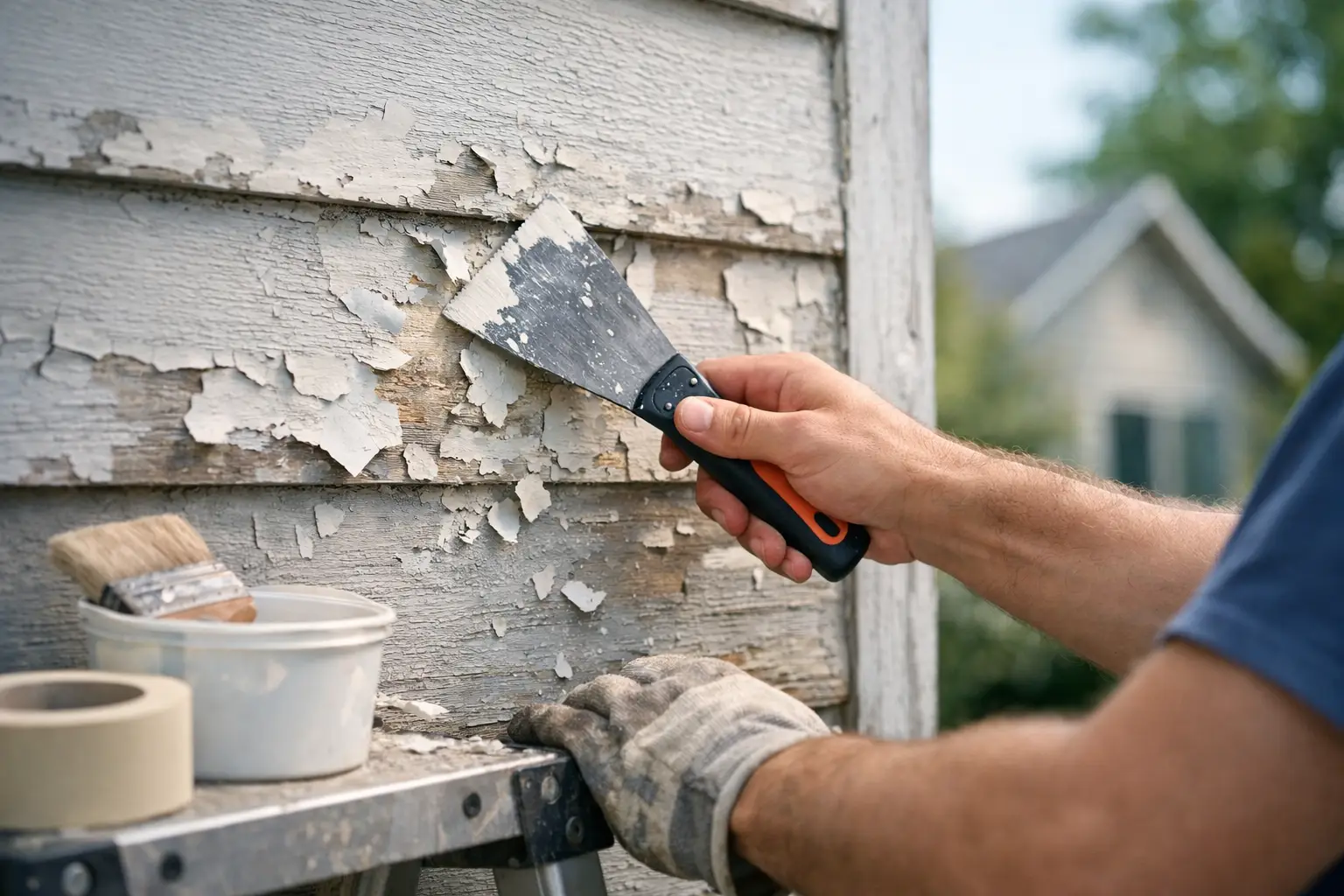 Person scraping peeling paint off wooden siding.