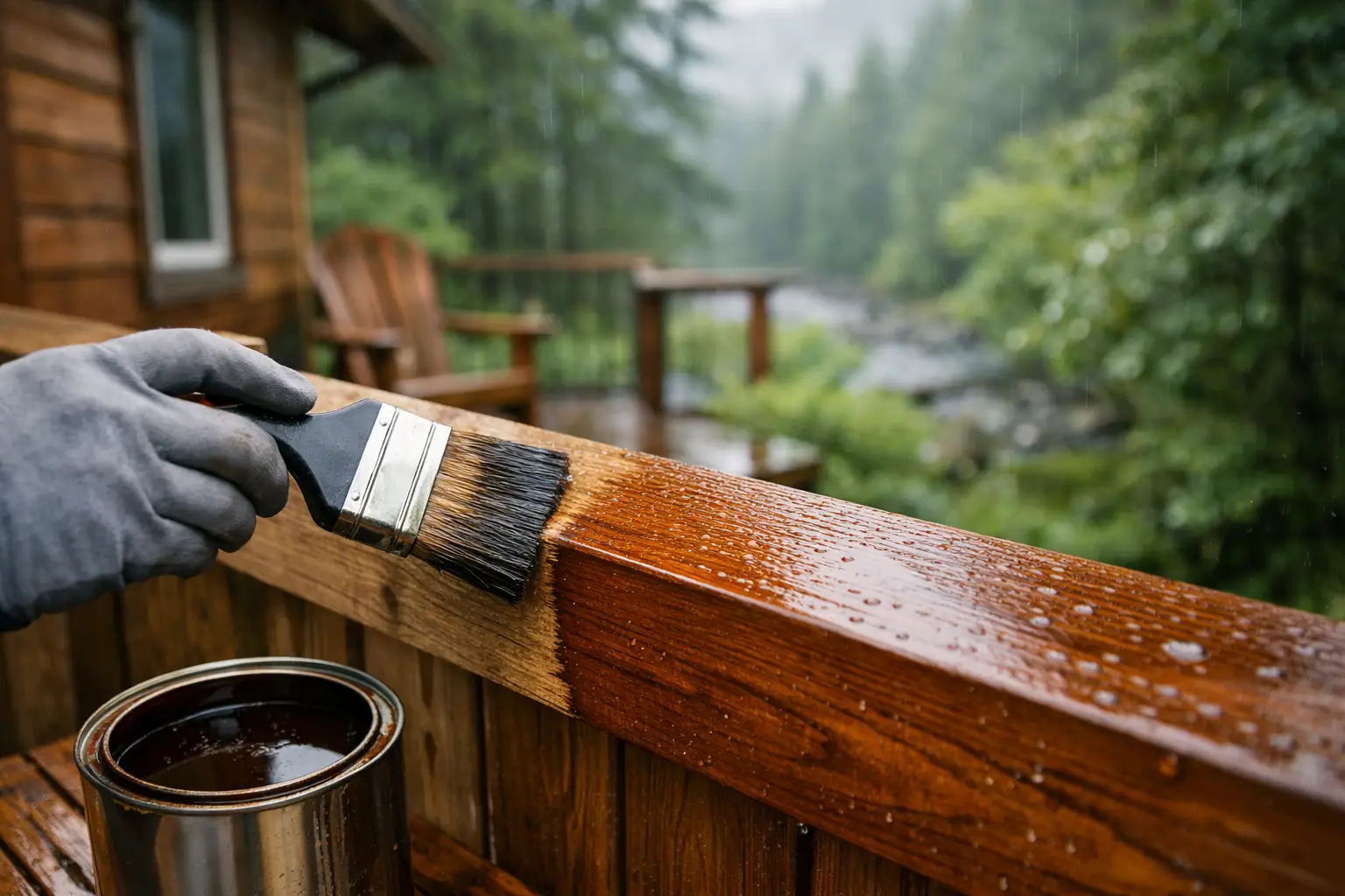Staining wooden deck railing in rainy weather.