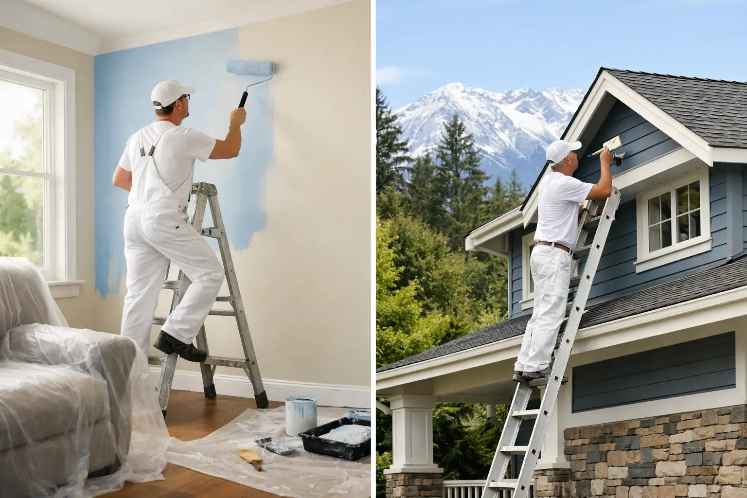 Painter working indoors and outdoors on ladders.