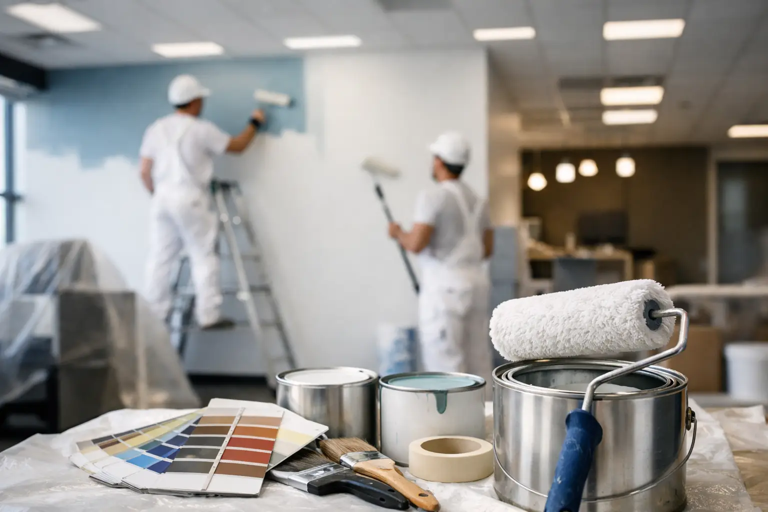 Painters working in an office interior.