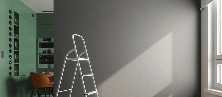 Step ladder by gray wall in modern kitchen