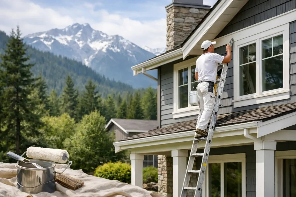 House painting near scenic mountains