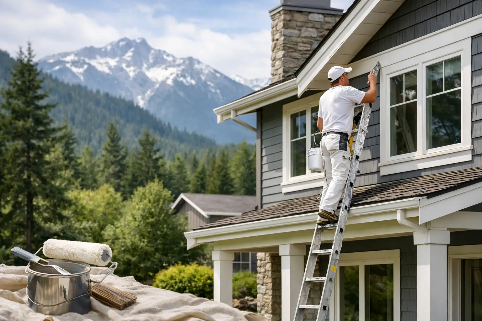 House painting near scenic mountains