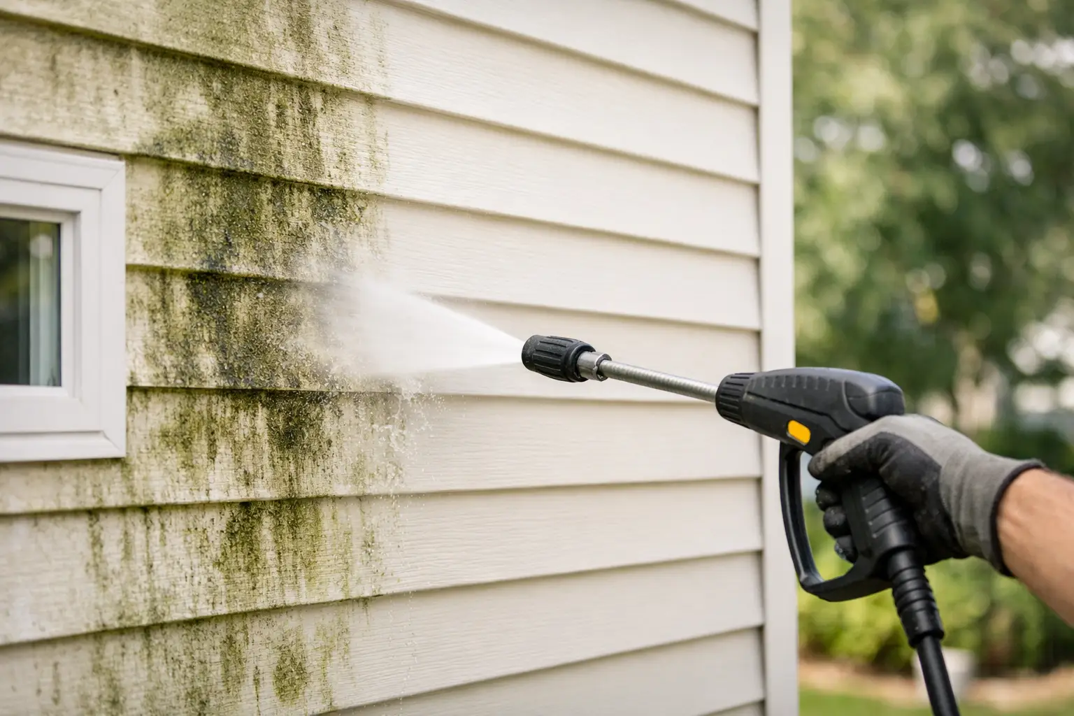 Cleaning moldy siding with pressure washer