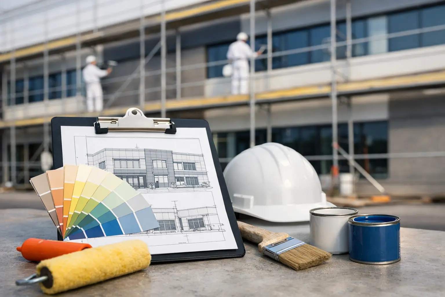 Blueprint and color swatches at construction site