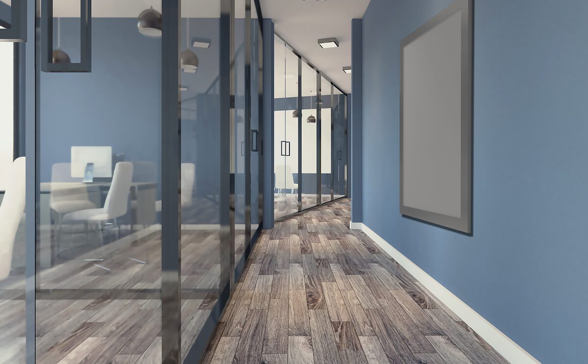 Modern office hallway with glass walls and doors.