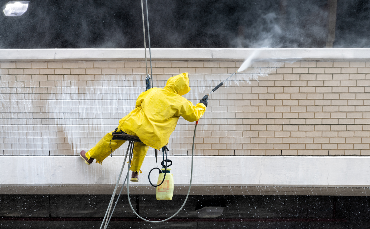 High-rise cleaning with pressure washer