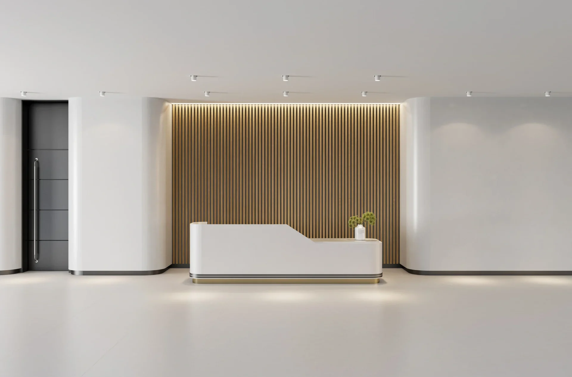 Modern Office Reception lobby area with large desk Interior white and wood with round walls.