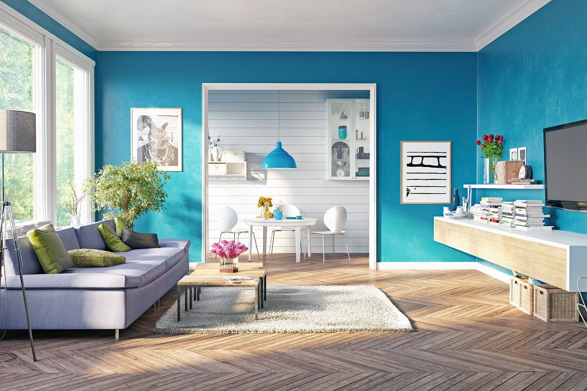 Modern living room with blue accents