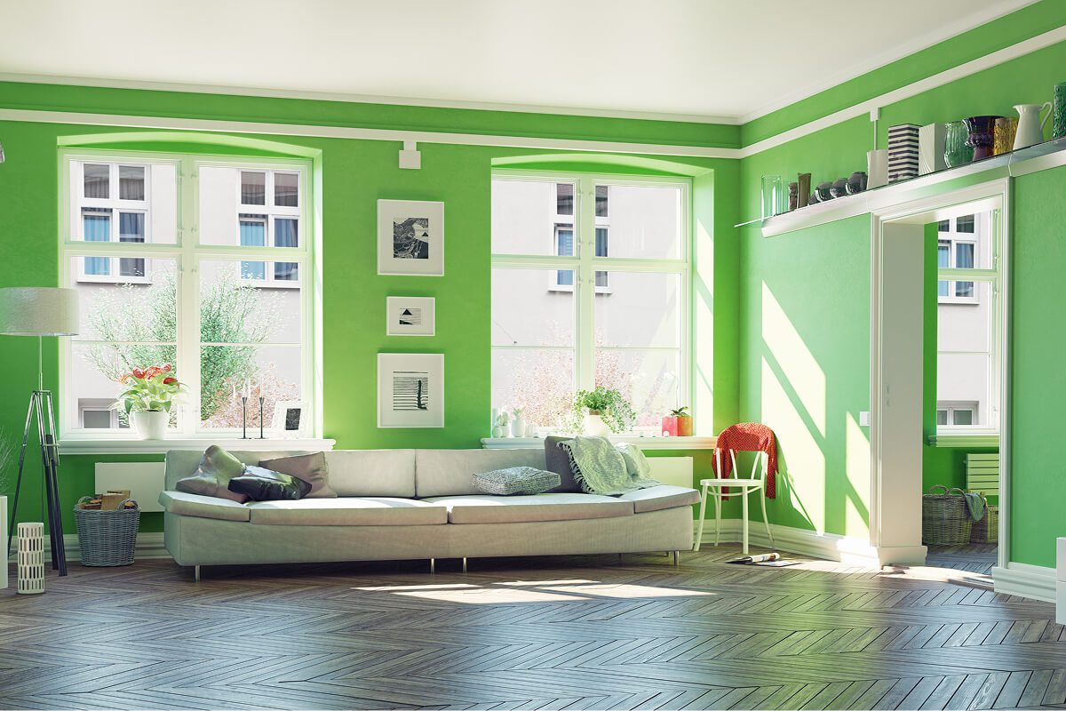 Bright living room with green walls