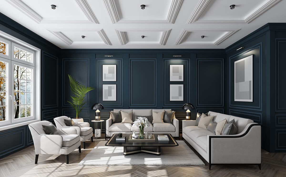 Elegant modern living room with dark walls.