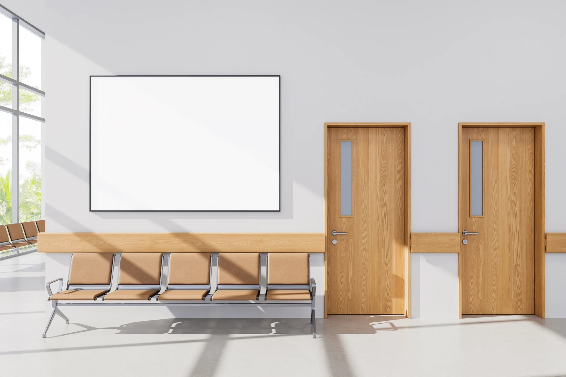 Contemporary interior with blank poster frame on wall in waiting area with wooden doors and empty chairs bathed in natural light from large windows. 3D Rendering