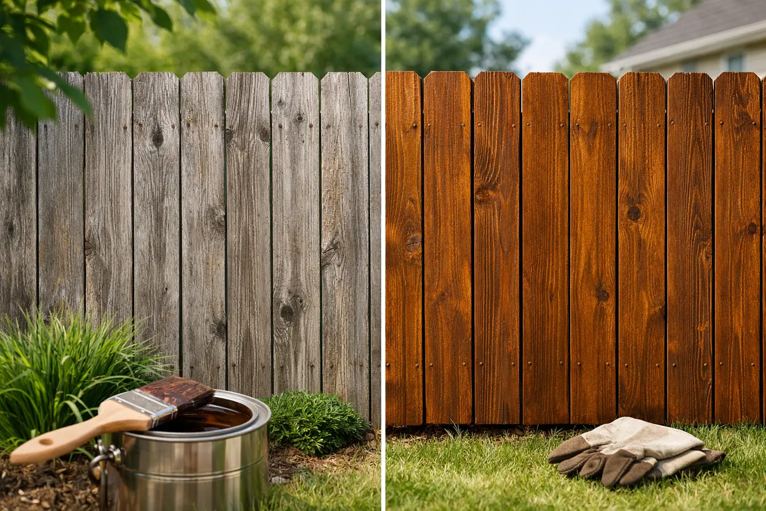 Weathered and stained wooden fence comparison.