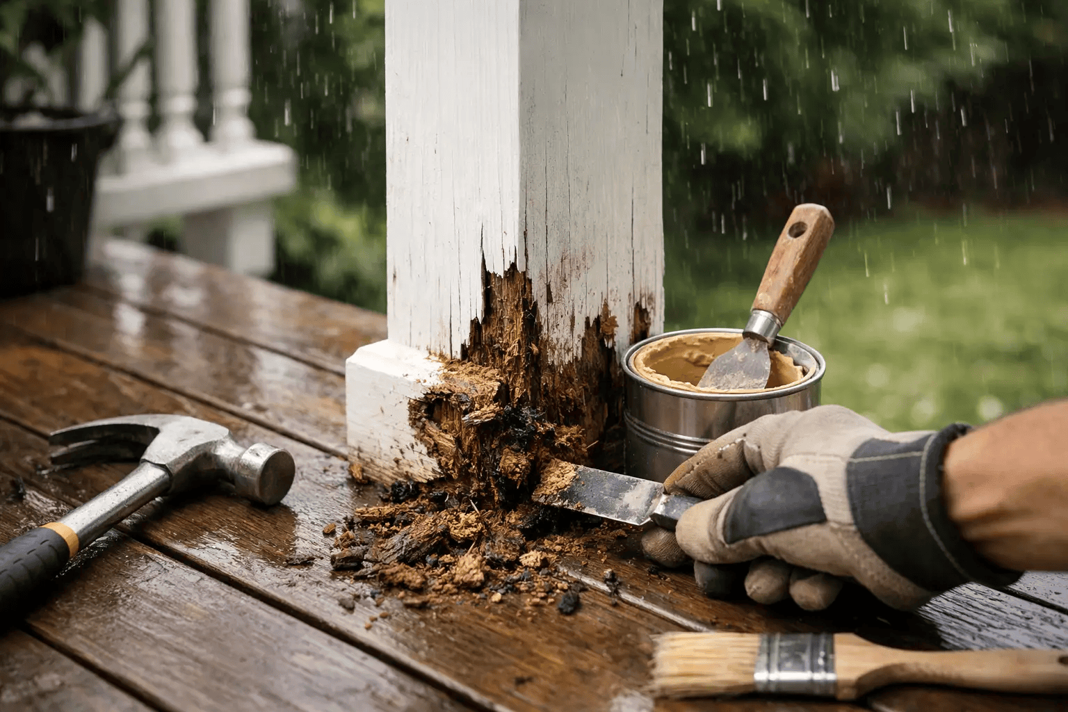 Repairing wooden column with tools and putty.