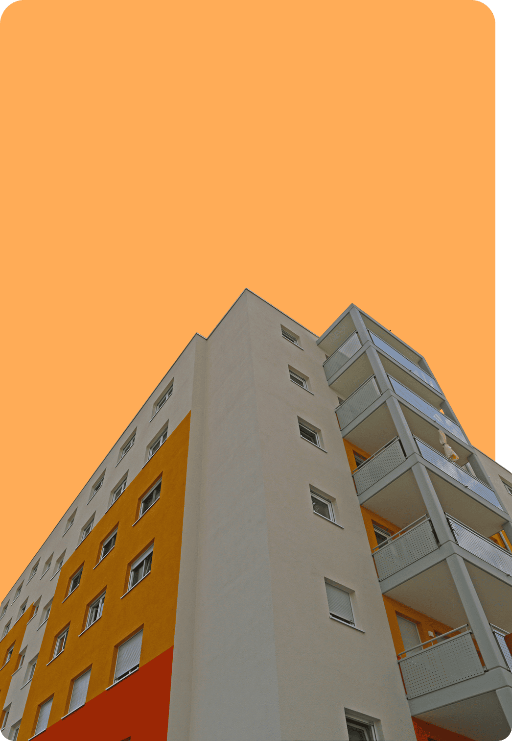 Modern building against an orange sky.